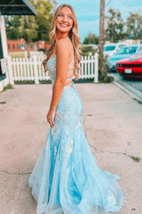 2024 Light Blue Long Prom Dress Lace Appliques Straps Mermaid Formal Dress Lace-Up