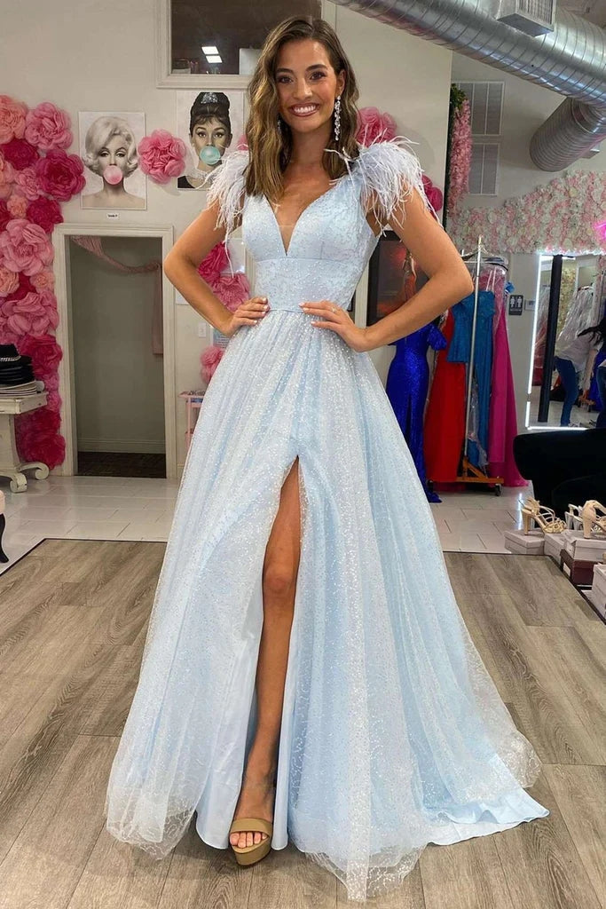 2024 Light Blue Long Prom Dresses Feathers A Line V Neck Graduation Dress High Slit