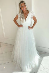 2024 Light Blue Long Prom Dresses Feathers A Line V Neck Graduation Dress High Slit