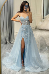 Glitter Light Blue Long Corset Beaded Prom Dress With Slit Off Shoulder Sparkly
