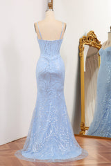 Light Blue Mermaid Spaghetti Straps Long Corset Prom Dress Sexy