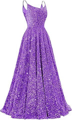 Spaghetti Straps Prom Dresses Sequin Long Formal Ball Gowns Sparkly A-Line Evening Party Gown Wholesale