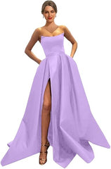Womens Long Strapless Satin Prom Dress Sleeveless Slit Evening Ball Gown Off Shoulder Party Dress Wholesale