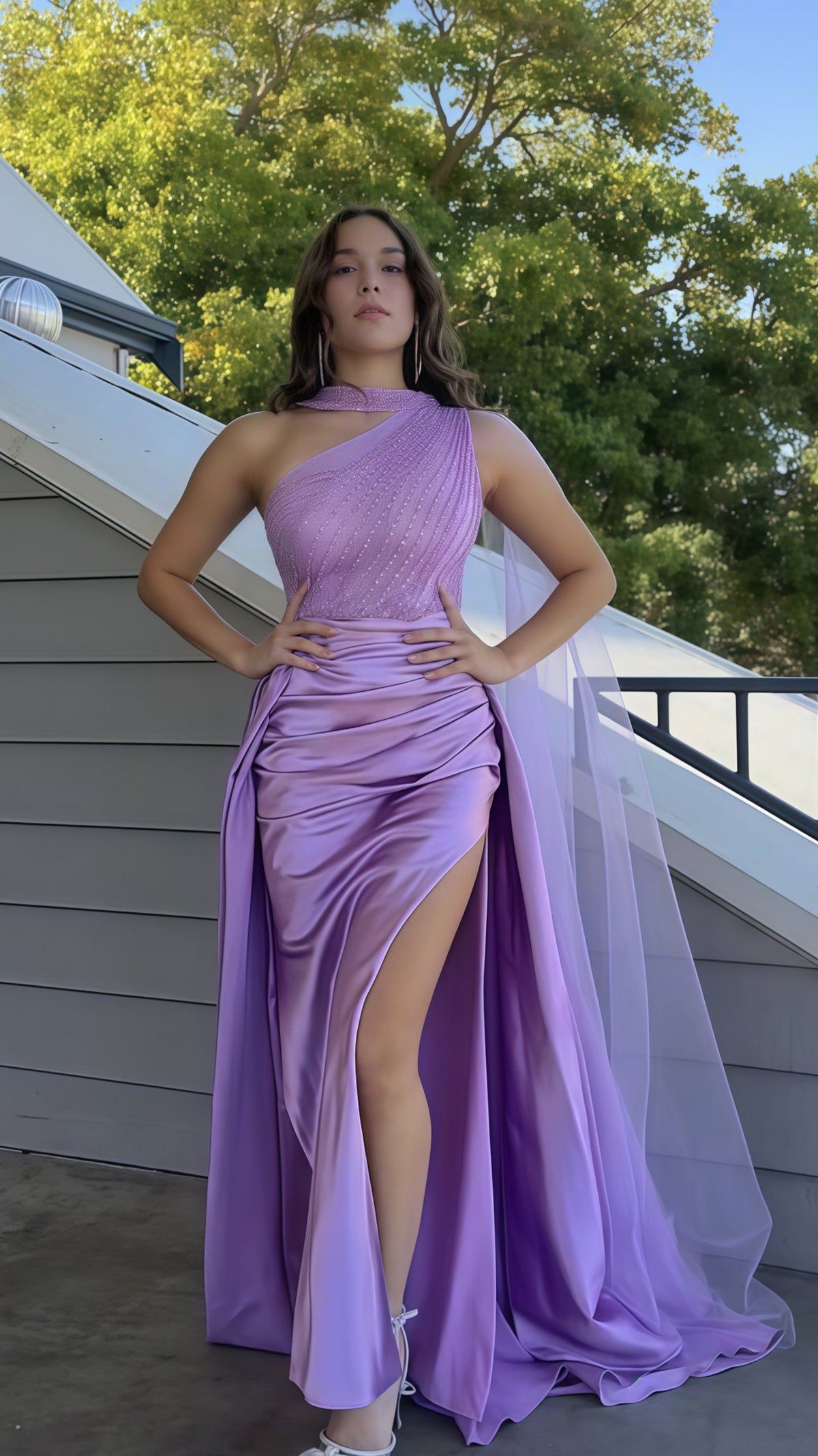 Lilac Halter Sheath Prom Dress With Side Slit,AST1689