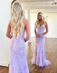 Lilac Mermaid Corset Back Long Prom Dress With Appliques Charming Evening Dress