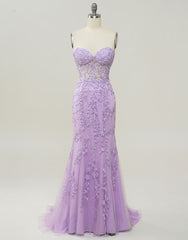 Lilac Mermaid Corset Back Long Prom Dress With Appliques Charming Evening Dress