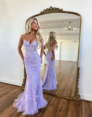 Lilac Mermaid Corset Back Long Prom Dress With Appliques Charming Evening Dress