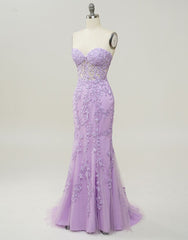 Lilac Mermaid Corset Back Long Prom Dress With Appliques Charming Evening Dress
