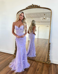 Lilac Mermaid Corset Back Long Prom Dress With Appliques Charming Evening Dress