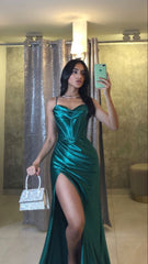 Mermaid Satin Long Prom Dress With Side Slit, AST881