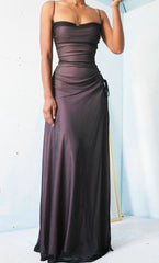 Lilac Satin Black Chiffon Sheath Long Prom Dresses, AST887