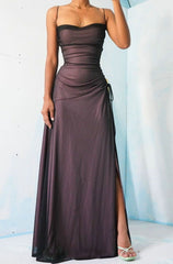 Lilac Satin Black Chiffon Sheath Long Prom Dresses, AST887