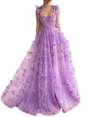Long Tulle Prom Dress with 3D Butterflies Floor Length Formal Evening Party Gowns