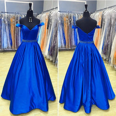 Long Satin V Neck Off Shoulder Prom Dresses Ball Gowns Beaded Sashes