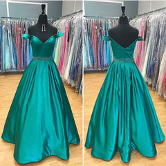 Long Satin V Neck Off Shoulder Prom Dresses Ball Gowns Beaded Sashes