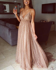 Long Sequins Evening Dresses Plunge V-neck Prom Gowns