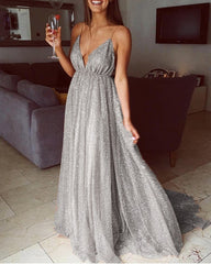 Long Sequins Evening Dresses Plunge V-neck Prom Gowns