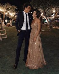 Long Sequins Evening Dresses Plunge V-neck Prom Gowns