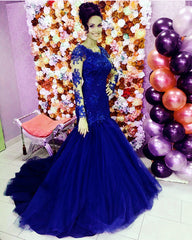 Lace Long Sleeves Mermaid Prom Dresses Tulle Evening Gowns