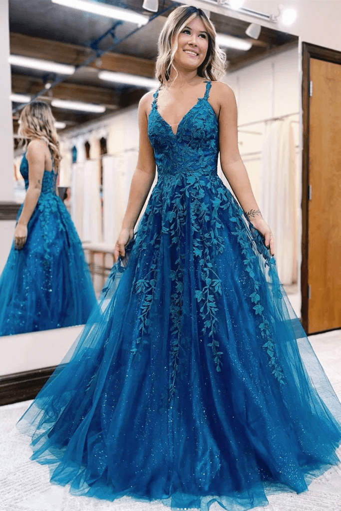 2024 Long Blue Lace Prom Dresses V Neck Formal Evening Dresses Open Back
