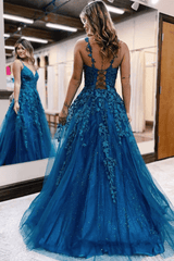 2024 Long Blue Lace Prom Dresses V Neck Formal Evening Dresses Open Back