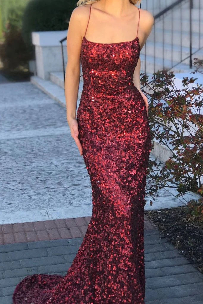 2024 Long Burgundy Evening Dress UK Mermaid Sexy Backless Sequins Prom Dresses