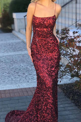 2024 Long Burgundy Evening Dress UK Mermaid Sexy Backless Sequins Prom Dresses