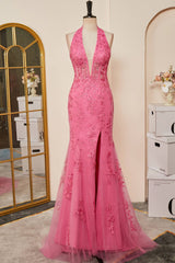 2024 Long Lace Prom Dress Hot Pink Halter Mermaid Formal Dress Appliques