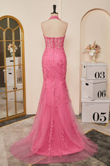 2024 Long Lace Prom Dress Hot Pink Halter Mermaid Formal Dress Appliques