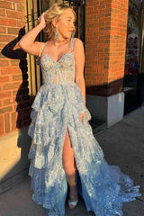 2024 Long Light Blue Corset Lace Prom Gowns Tiered Tulle Formal Graduation Dress