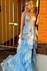 2024 Long Light Blue Corset Lace Prom Gowns Tiered Tulle Formal Graduation Dress