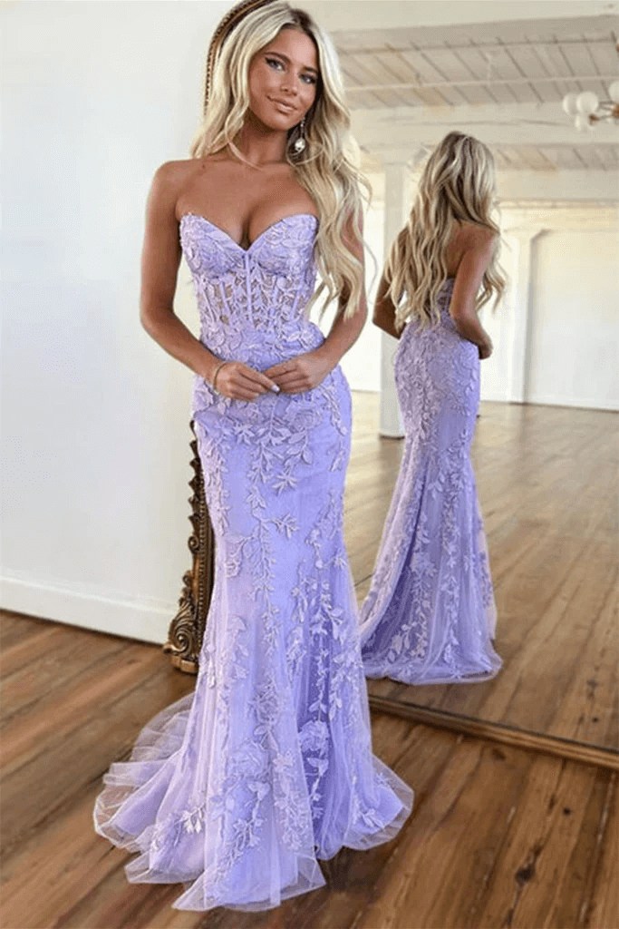 2024 Long Mermaid Purple Lace Prom Dresses Violet Strapless Formal Dress