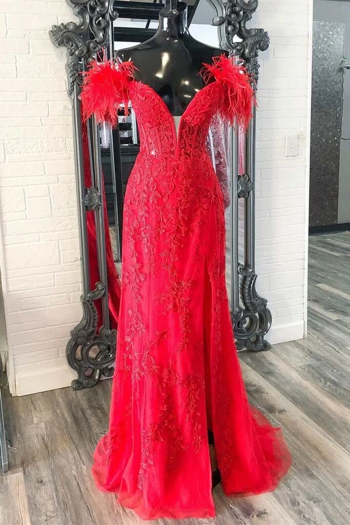 2024 Long Off Shoulder Red Lace Prom Dresses Feathers V Neck Mermaid Evening Dress