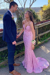 2024 Long Pink Prom Dresses Sequin Mermaid Sleeveless Formal Dress