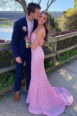 2024 Long Pink Prom Dresses Sequin Mermaid Sleeveless Formal Dress