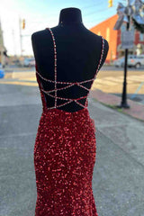 2024 Long Prom Dresses Red Sequins Beaded Mermaid Evening Dress Straps