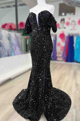 2024 Long Red Puff Sleeves Prom Dress Sparkly Sequined with Side Slit