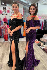 2024 Long Red Puff Sleeves Prom Dress Sparkly Sequined with Side Slit