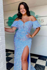 2024 Long Red Puff Sleeves Prom Dress Sparkly Sequined with Side Slit