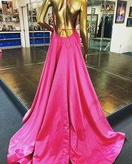 2024 Long Simple Evening Dresses UK Satin Backless Fuchsia Prom Dress