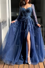 Long Sleeves Appliques Prom Dress, A-Line Tulle Prom Dresses,AST1696