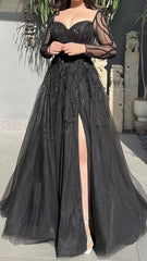 Long Sleeves Appliques Prom Dress, A-Line Tulle Prom Dresses,AST1696
