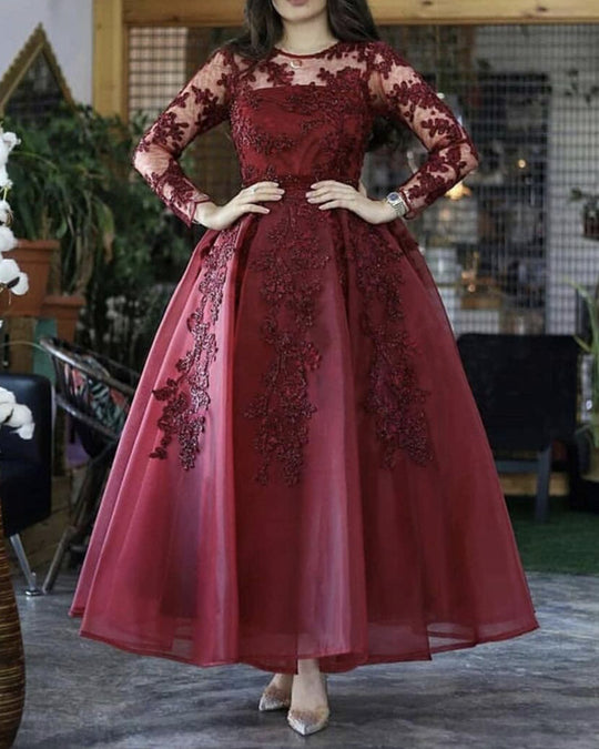 2024 Long Sleeves Burgundy Wedding Guest Dress Short Ankle Length Prom Dress Lace