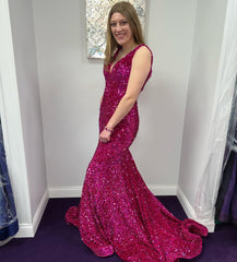 2024 Long V Neck Fuchsia Prom Dress Sequin Mermaid Formal Graduation Dresses