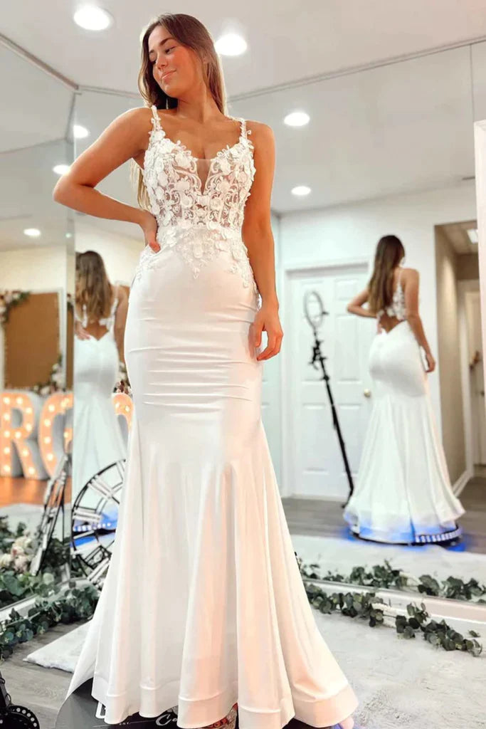 2024 Long V Neck Mermaid Lace White Prom Dress Open Back Formal Evening Dress