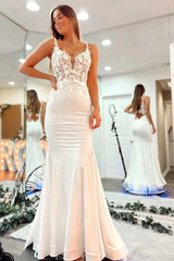 2024 Long V Neck Mermaid Lace White Prom Dress Open Back Formal Evening Dress