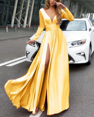 Sexy Plunge V-neck Long Sleeves Prom Dresses Leg Split