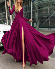 Sexy Plunge V-neck Long Sleeves Prom Dresses Leg Split