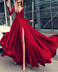 Sexy Plunge V-neck Long Sleeves Prom Dresses Leg Split