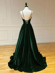 2024 Long Black Velvet Prom Dresses Spaghetti Straps V Neck Evening Party Dress